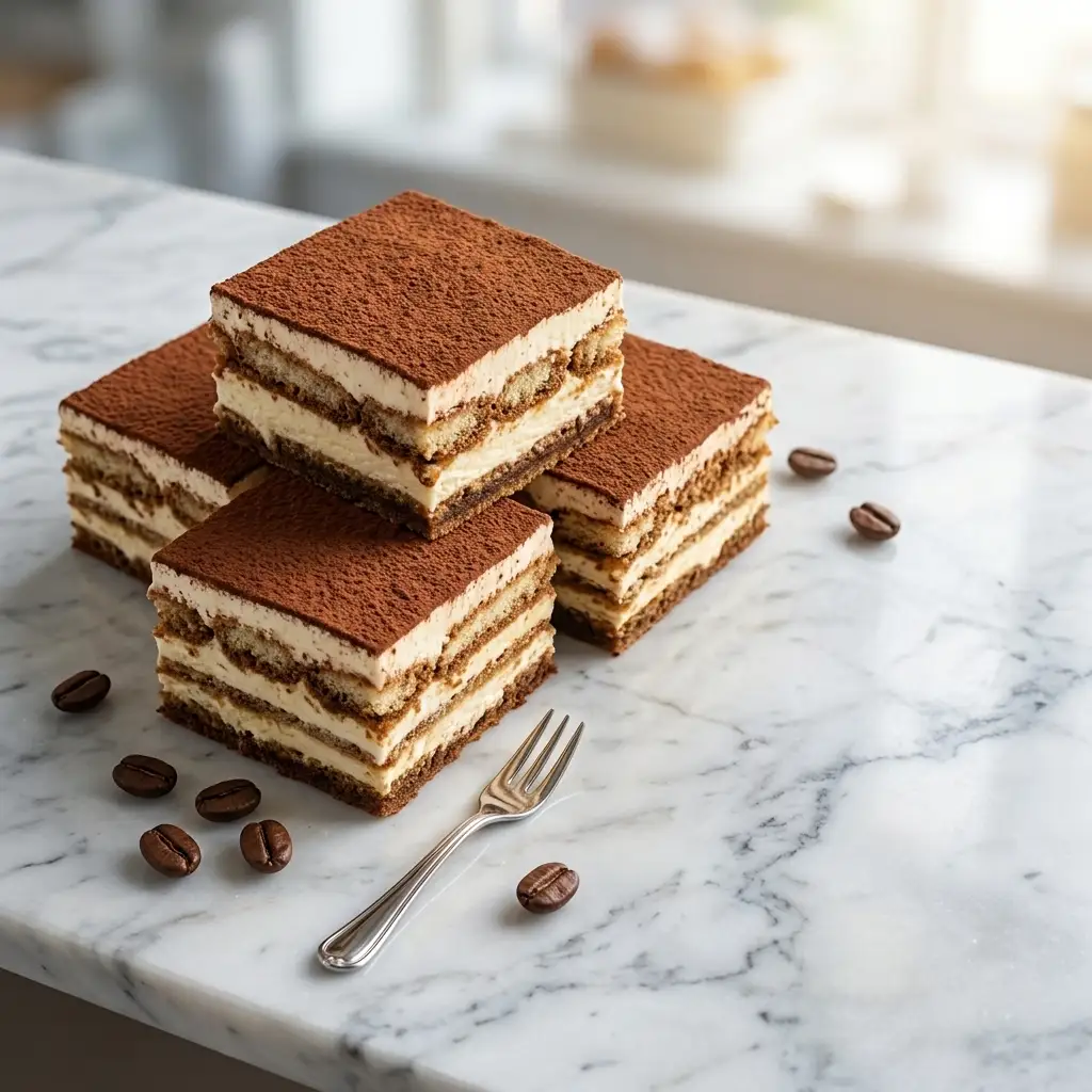 Tiramisu dessert slices on a marble counter